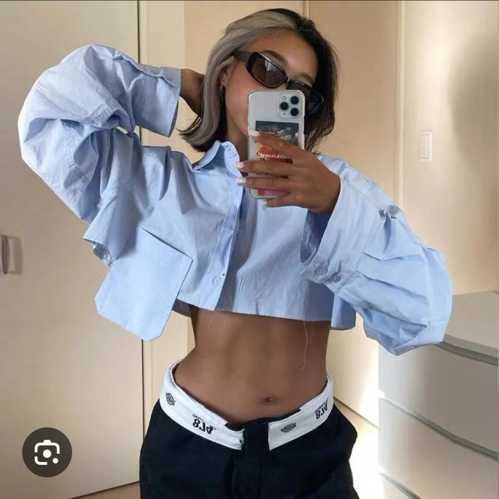 Zara Pocket Blue Crop Blouse Denim Chambray Street Style